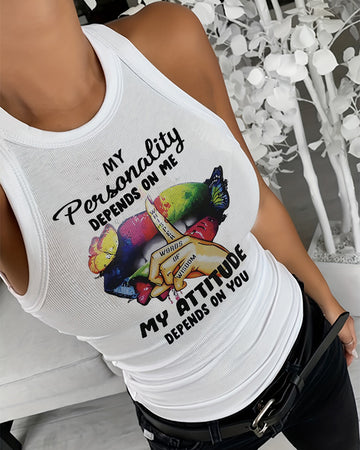 My Personality Depends On Me My Attitude Depends On You Butterfly Slogan Print Ribbed Tank Top